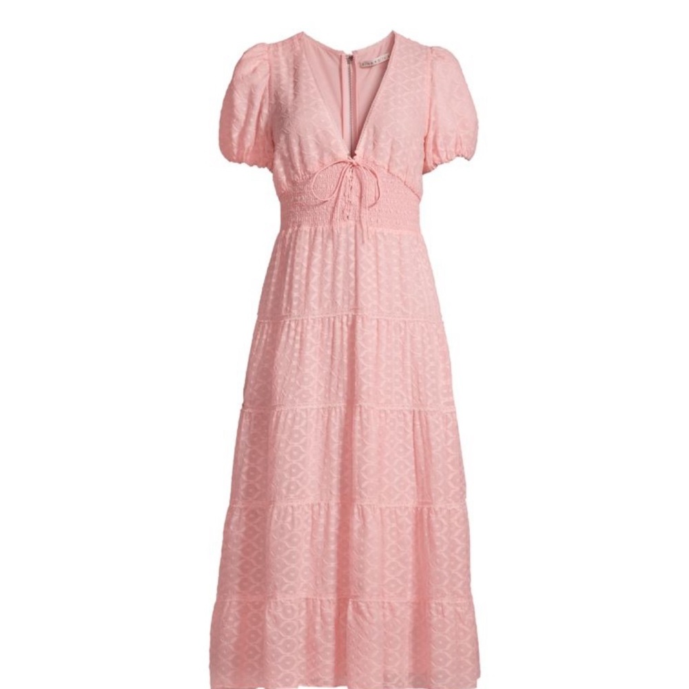Alice and Olivia Tia Puff Sleve Silk Blend Pink Midi Dress Size 2 NWT - Picture 5 of 6